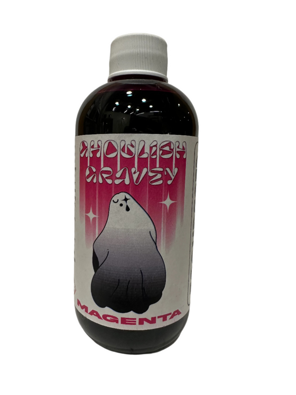 Glass bottle of CG Liquid Ink Refill in the color Ghoulish Garvey Magenta