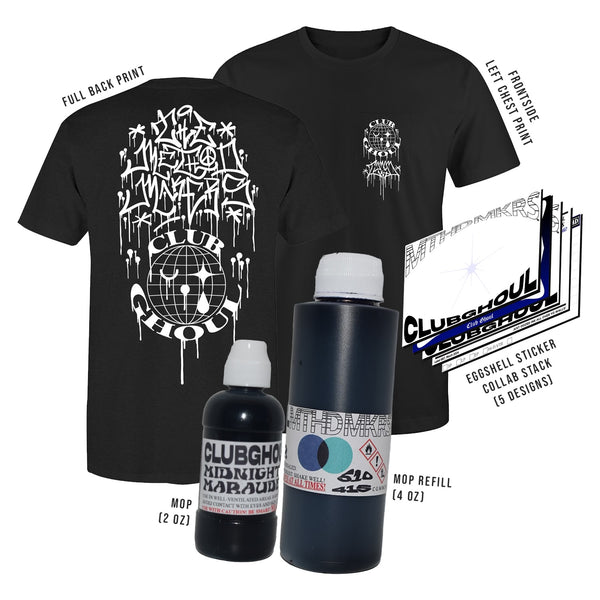 Club Ghoul and Method Makers collaborated black t-shirt, graffiti mop ink refill, a 5-pack of eggshell stickers