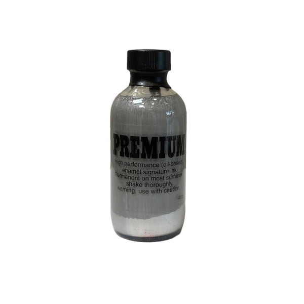 4 oz glass bottle of Premium Inks ink refill in the color Silver