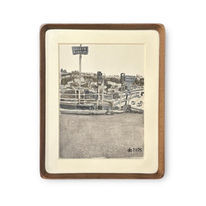 Urban sketch illustration of the Geneva Avenue street sign and freeway ramp in San Francisco, framed in wood.