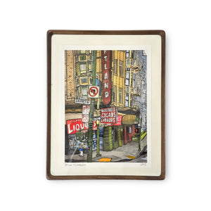 Framed watercolor illustration of a corner of Larkin Street in San Francisco featuring Woerner's liquor store in an overall vibrant colorway of yellows, reds, grays and greens.