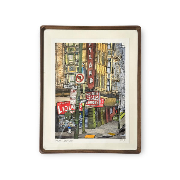 Framed watercolor illustration of a corner of Larkin Street in San Francisco featuring Woerner's liquor store in an overall vibrant colorway of yellows, reds, grays and greens.