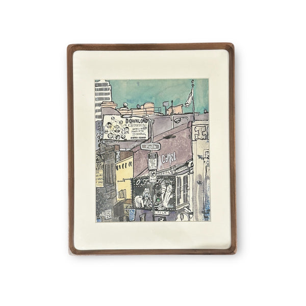 Framed original watercolor and graphite illustration of the corner of Polk Street and O'Farrell in San Francisco. Featuring a blue sky and view of the O'Farrell Theaters red building with yellow and white architecture in the background.