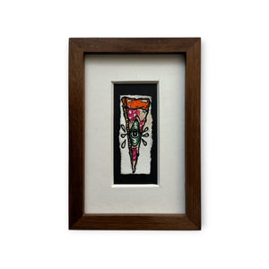 Pizza with orange crust, beige and red fill and a green eye with black iris. Painted on white rives paper, mounted and custom framed with brown walnut wood. 