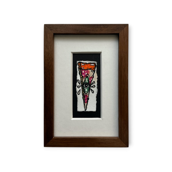 Pizza with orange crust, beige and red fill and a green eye with black iris. Painted on white rives paper, mounted and custom framed with brown walnut wood. 