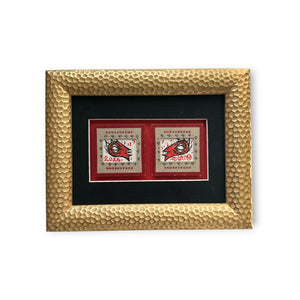 Two red and black hand-drawn eyes on vintage Kodachrome packaging, mounted on red and black boards. Custom framed in a hammered gold textured wood frame by Eye Gato.