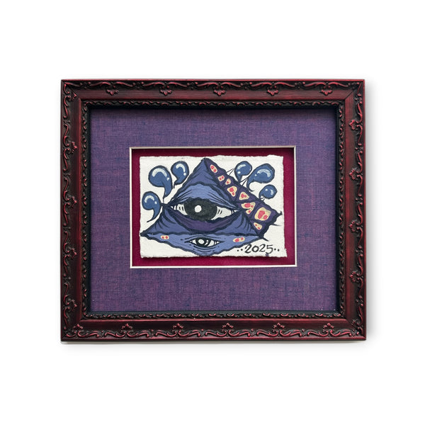 Eye Gato pyramid blue eye painted on rives paper, mounted on red background, purple matted, and red floral texture custom wood frame.