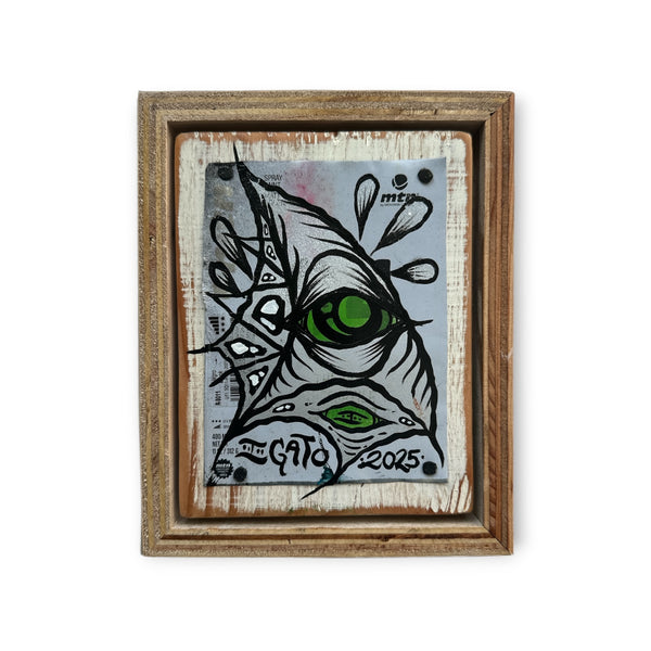 Silver with a green eye, Eye Gato artwork on aluminum with custom street-sign frame.