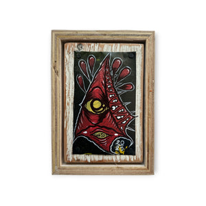 Red with yellow eye Eye Gato pyramid art painted on reconstructed spray can aluminum, mounted on reclaimed street-sign wood.