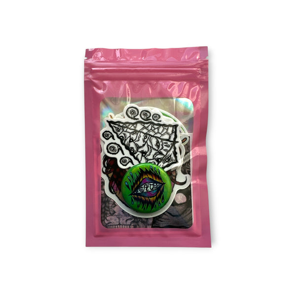 Eye Gato sticker pack with various vinyl character stickers and a green button.