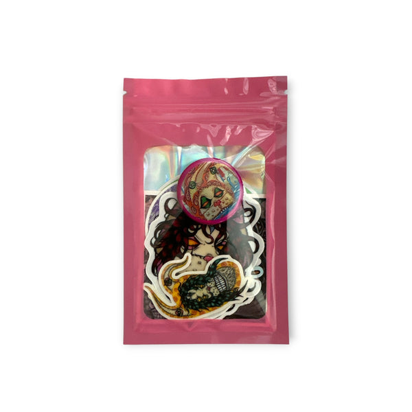 Eye Gato sticker pack with various vinyl character stickers and a pink button.