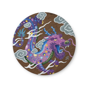 Acrylic painting of a highly detailed, colorful purple and blue Chinese-style dragon surrounded by grey clouds on a brown wood panel.