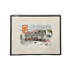 Street scene watercolor art of a parked red and white SF Muni while being tagged by graffiti artists and the words colored white saying BAY AREA along with the orange SF Giants baseball logo across the blue sky above.