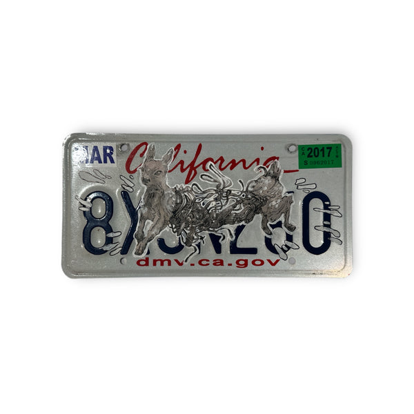 Black and white surreal deer art wheatpasted on a white California license plate.
