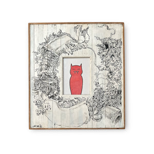 Black ink sketch of a dragon wrapped around the frame with a portion of its stomach open revealing skeletal mechanics over a white painted wood frame.