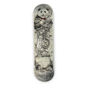 Original acrylic painting on a maplewood skate deck featuring an intricate black-and-white panda design and complex mechanical components.