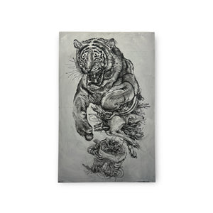 Black and white illustration of a roaring tiger and sleeping deer split in half. Originally a painting, but here, a print on matte paper.