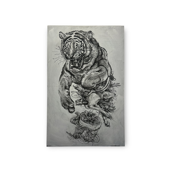 Black and white illustration of a roaring tiger and sleeping deer split in half. Originally a painting, but here, a print on matte paper.