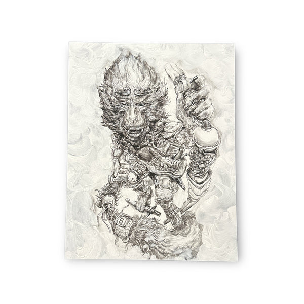 Detailed black and white illustration of a monkey warrior on a textured white background. 