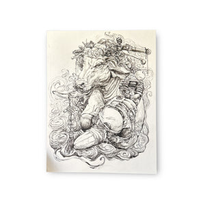Print of a detailed black and white illustration of an ox with decorative elements over a white background.
