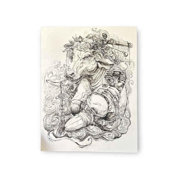 Print of a detailed black and white illustration of an ox with decorative elements over a white background.