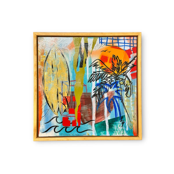 Mixed media with surfboard, waves and palm tree sketched over a collage of blue, teal and red colors painted on wood and in a custom floating frame.