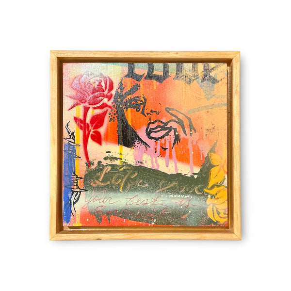 Mixed media of acrylic paints and markers in with an outline of a womans face and a tear in her eye staring at a red rose surrounded by colors of green, blue and orange tones.